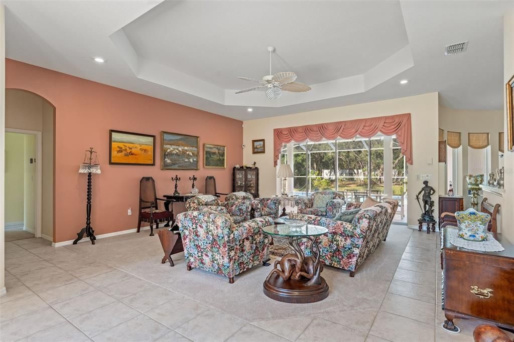 formal living room with tray ceiling