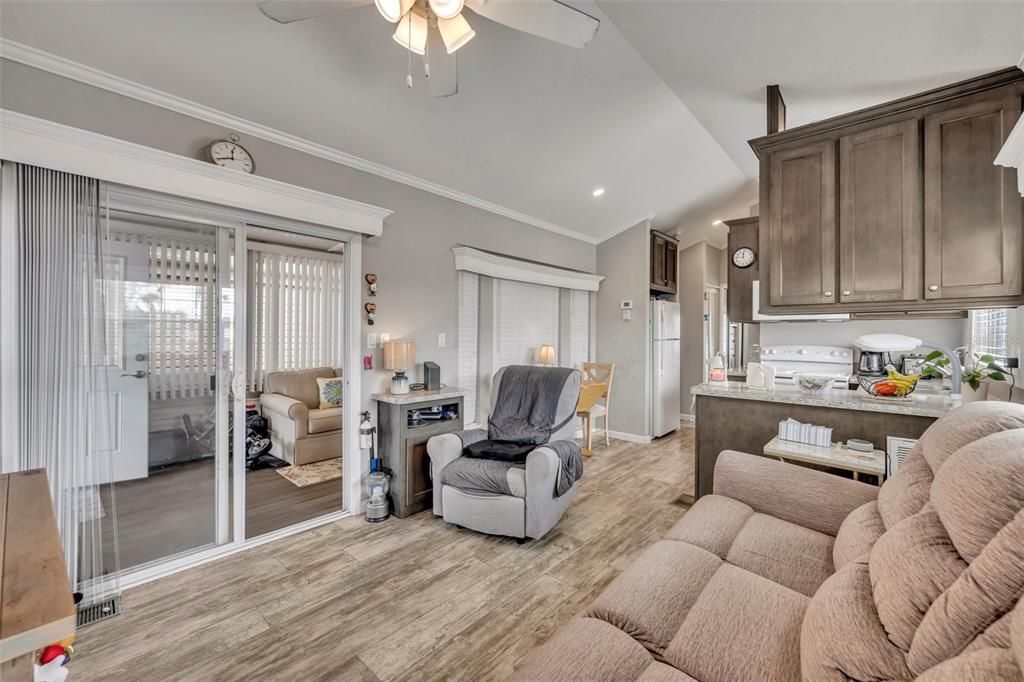 Living Area with view of Florida Room and Kitchen