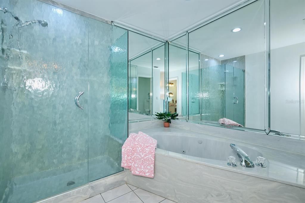 Cultured marble shower and tub.