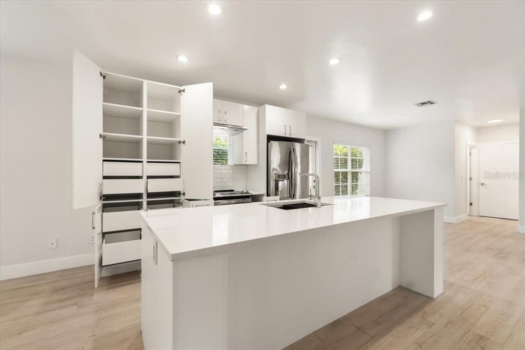 Kitchen with Open Cabinet & Pull out Shelves