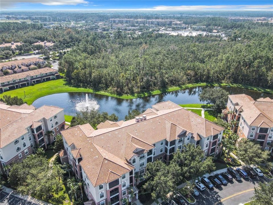 This shows the backside of the building with a pond that can be enjoyed.