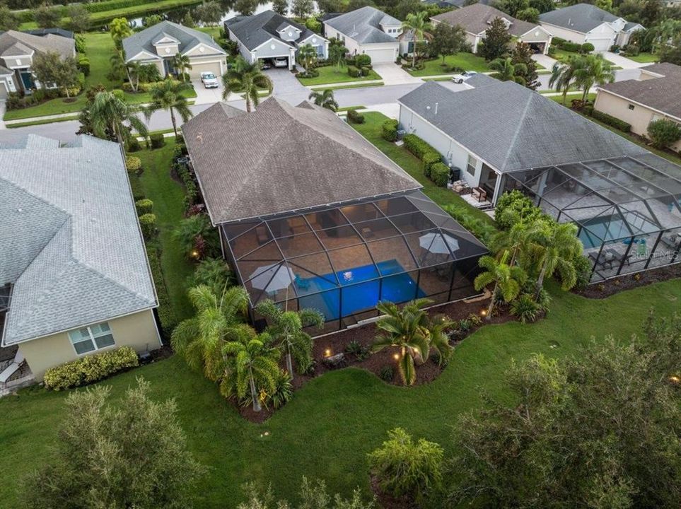 Aerial of the back side of the home showing the tropical landscaping and screened-in lanai.