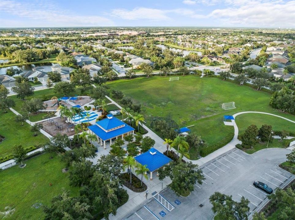 Central Park's amenities featuring a sports field, dog parks, splash pad, playground, and more!