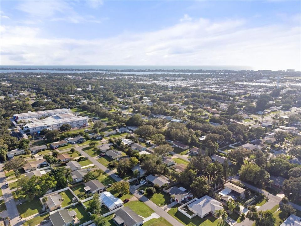 Aerial of the home showing the surrounding neighborhood.