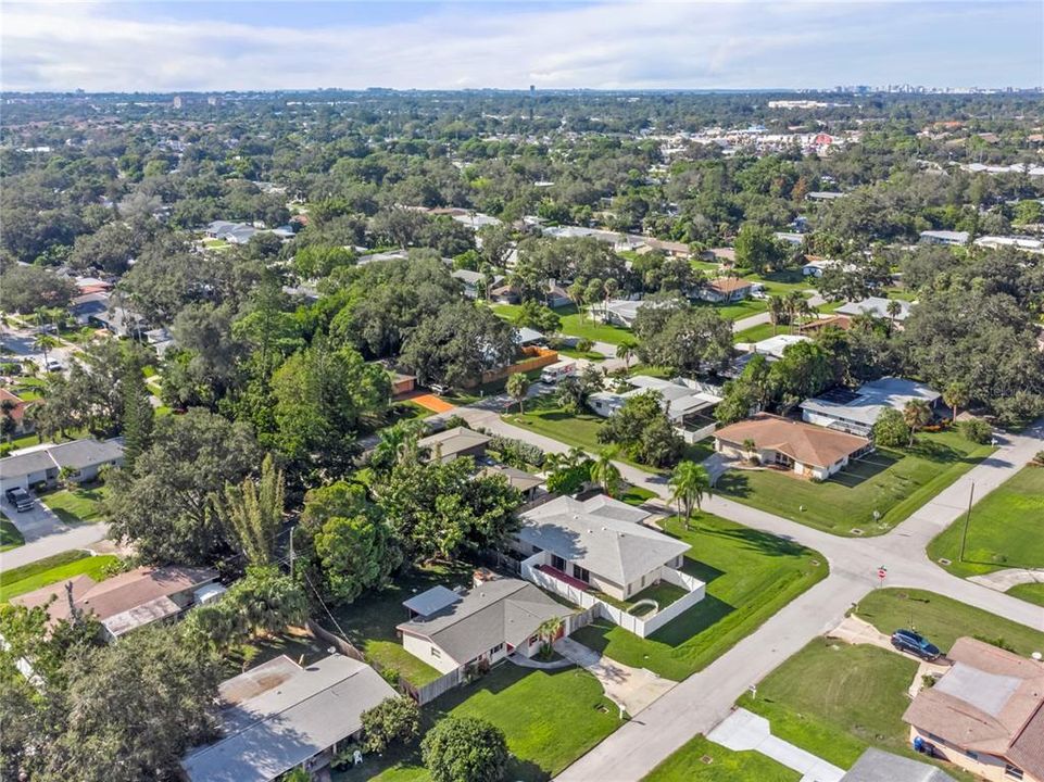 Aerial of the home showing the surrounding neighborhood.