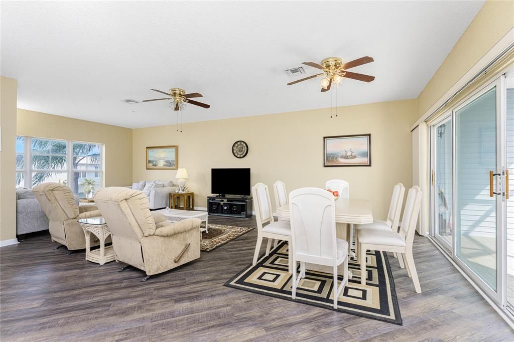 View from the kitchen to the dining and living area.