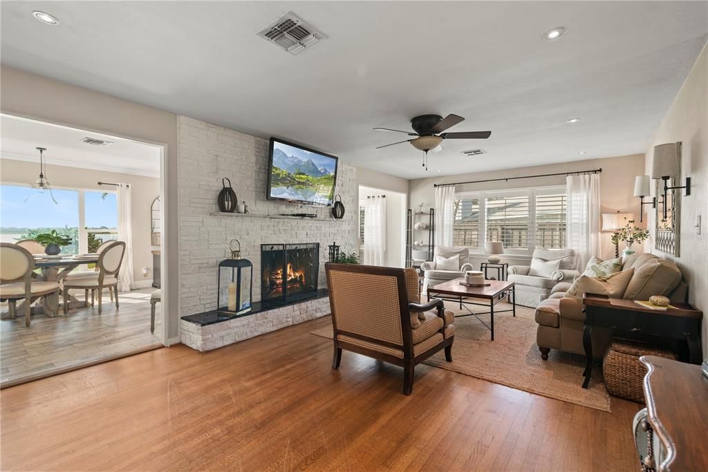 Living room with wood-burning fireplace