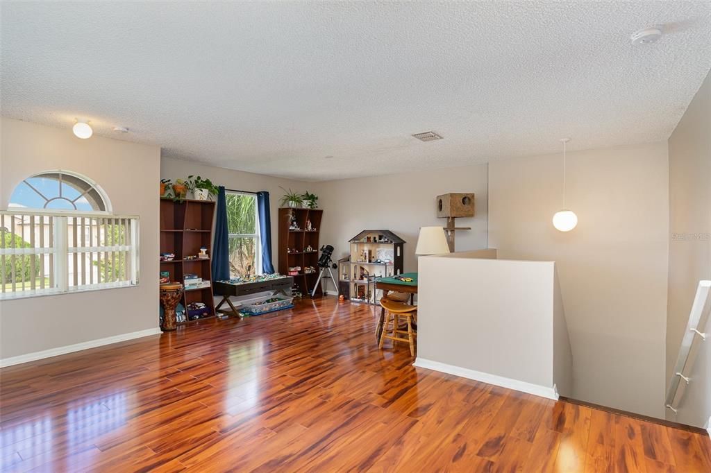 Upstairs family room/play area, entertaining space.