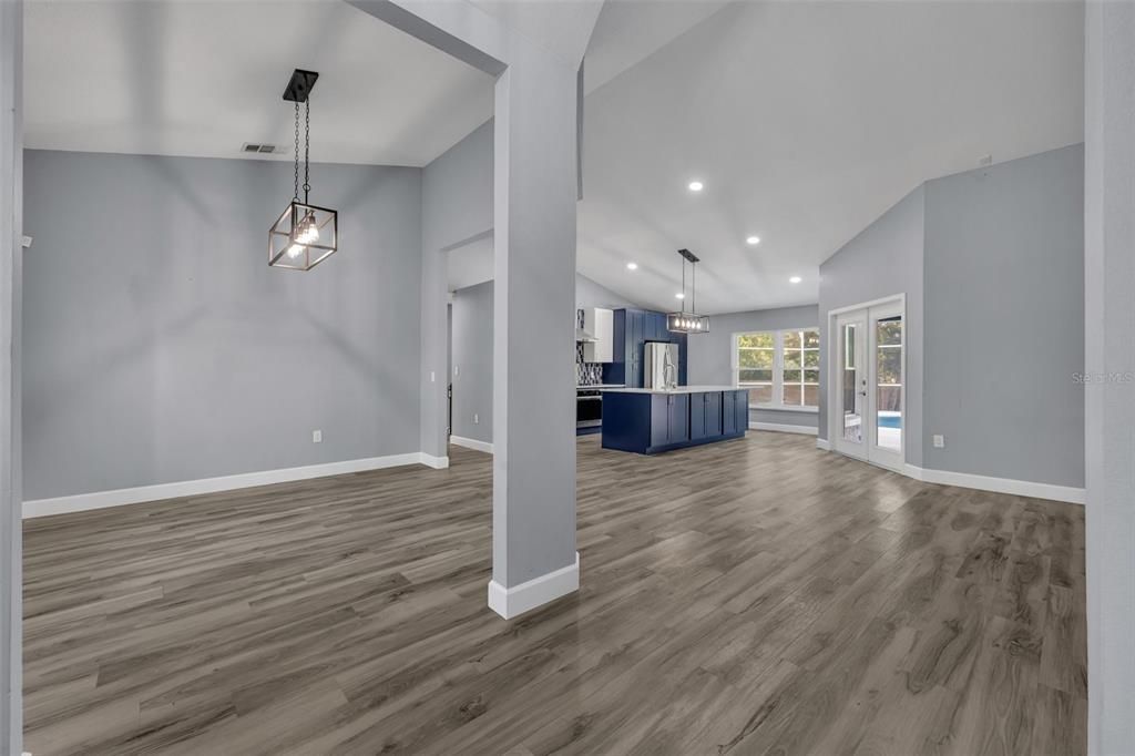 Dining room into great room and kitchen