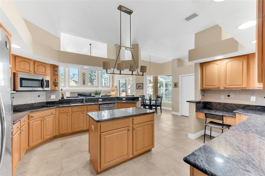 Exquisite granite, wood cabinets, stainless appliances, breakfast bar that will accommodate at least 4 chairs, island, wine cooler.