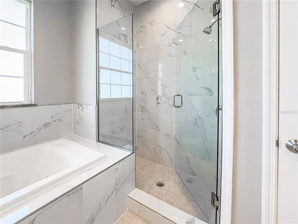 Glass Shower and Separate Soaking Tub in Primary Suite