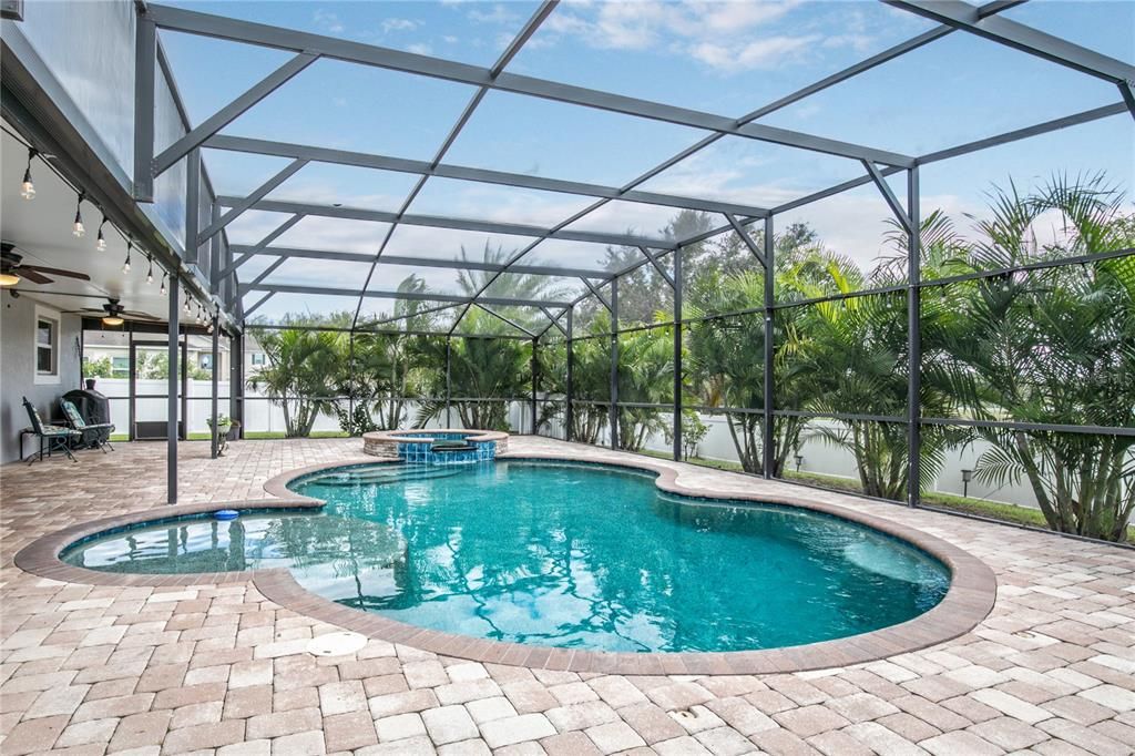 Tropical palms add to the experience with this comfortable outdoor living space. The pool has a platform sitting area, stairs and a waterfall feature. It can be heated and used all year round. What a wonderful place to relax after a long day at work.