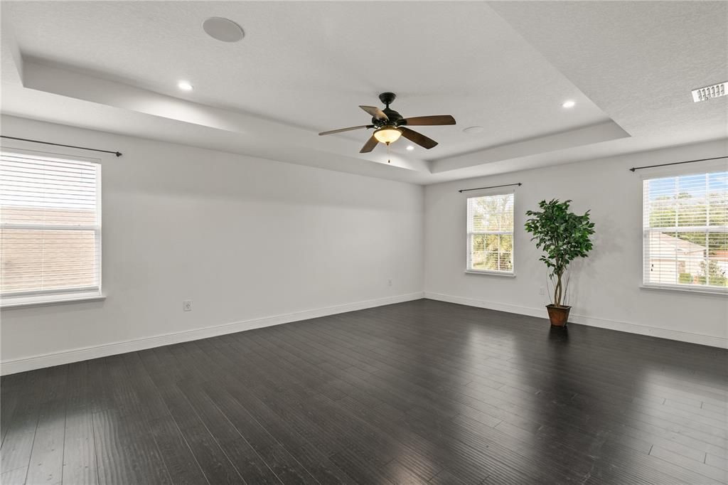 Finally, the PRIMARY SUITE which spans the entire west end of the house. Measures approx. 15'x23' Three windows provide a lot of natural light, as well as the can lights surrounding the high volume coffered ceiling.