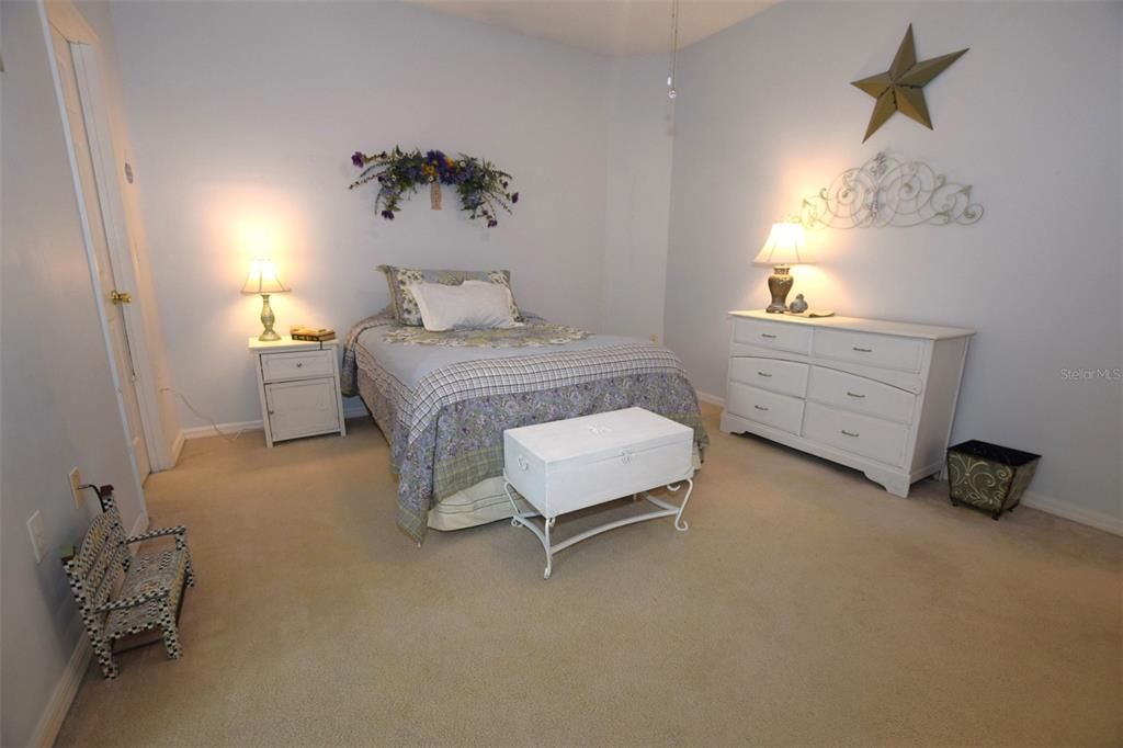 The spacious primary/owner's suite with a walk-in closet is located off the family room.