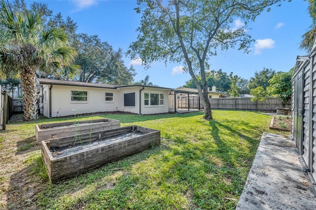 Large backyard with 2 raised garden boxes