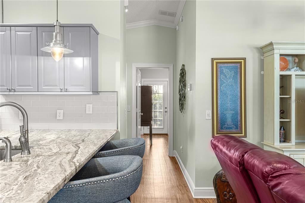 KITCHEN COUNTER / VIEW OF BEDROOM HALLWAY