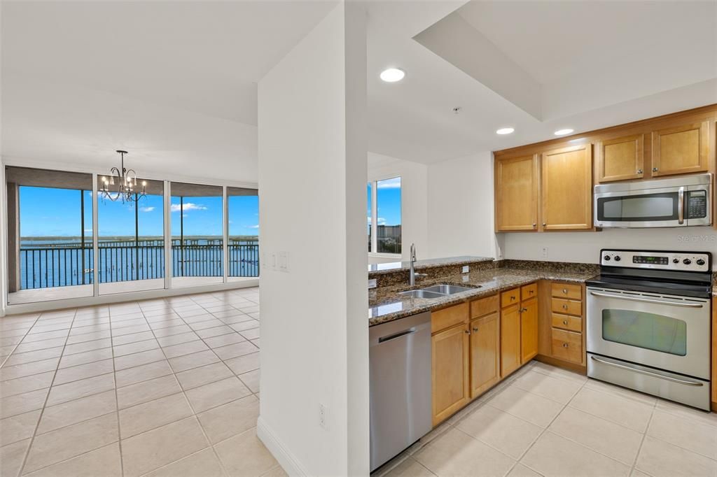 Kitchen with a water view