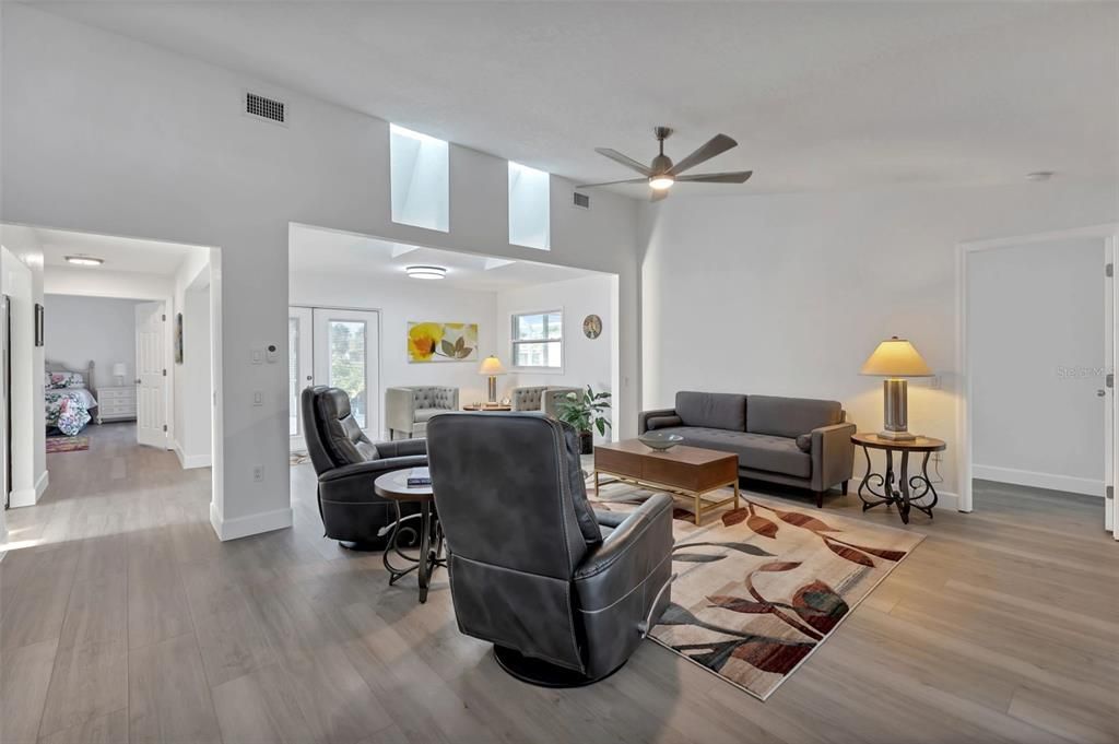 Living room with skylight windows