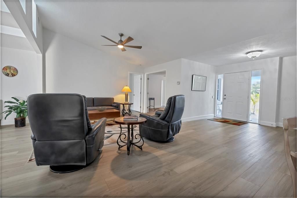 Living room with skylight windows