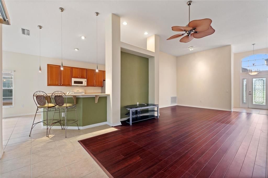 Pendant lighting over breakfast bar