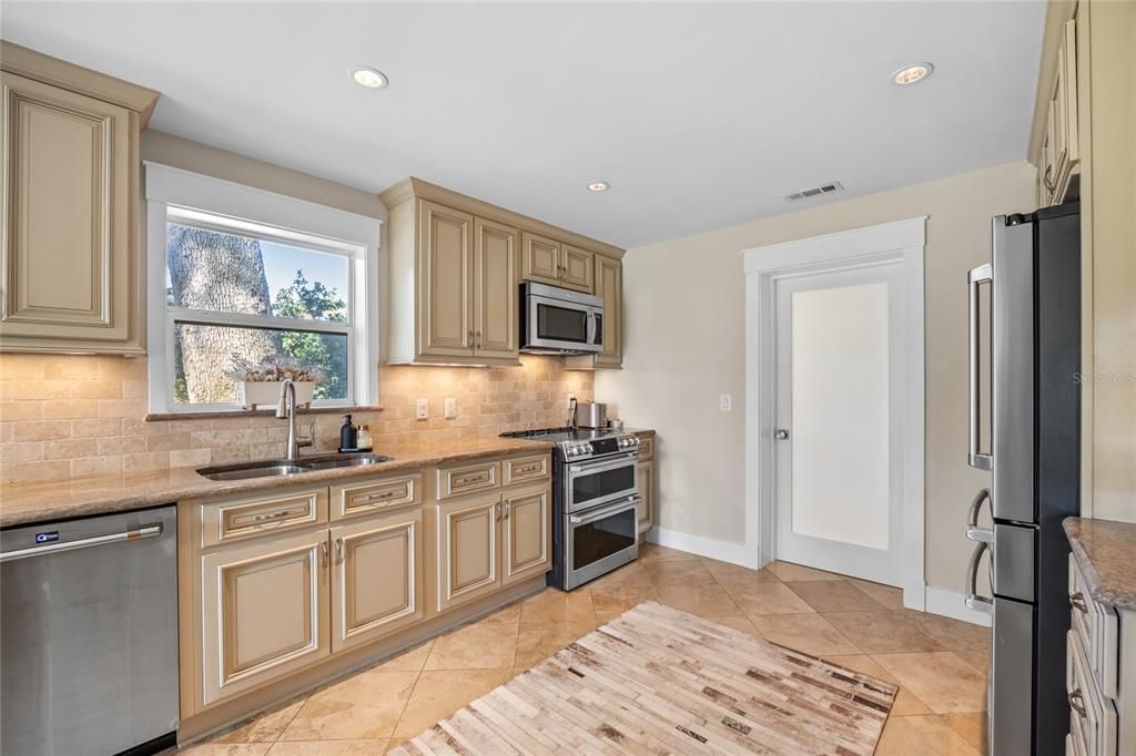 This Kitchen has plenty of counter and cupboard space.