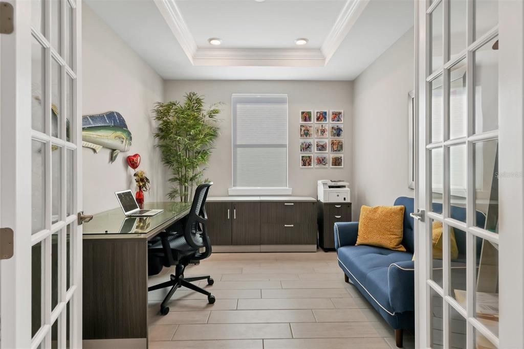 Den with glass insert French doors, crown molding, tray ceiling.