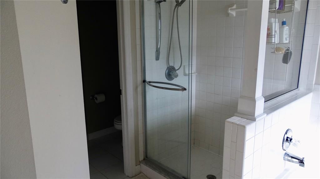 Primary bathroom has large tub and a walk in shower