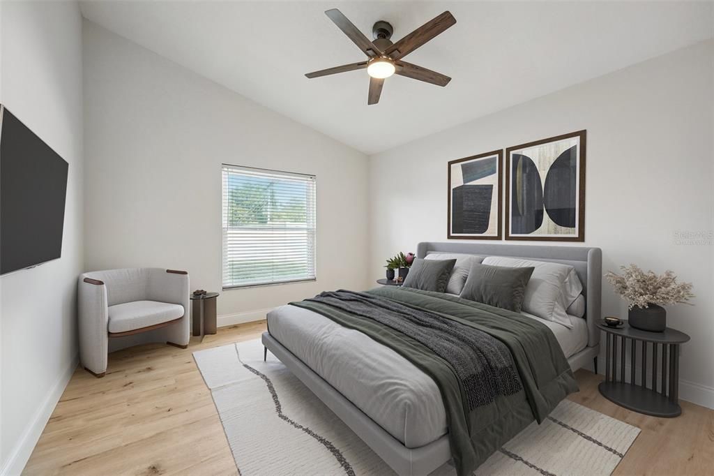 Ideal SPLIT BEDROOMS deliver a generous PRIMARY SUITE with another vaulted ceiling, modern ceiling fan, WALK-IN CLOSET and private en-suite bath.  Virtually Staged.