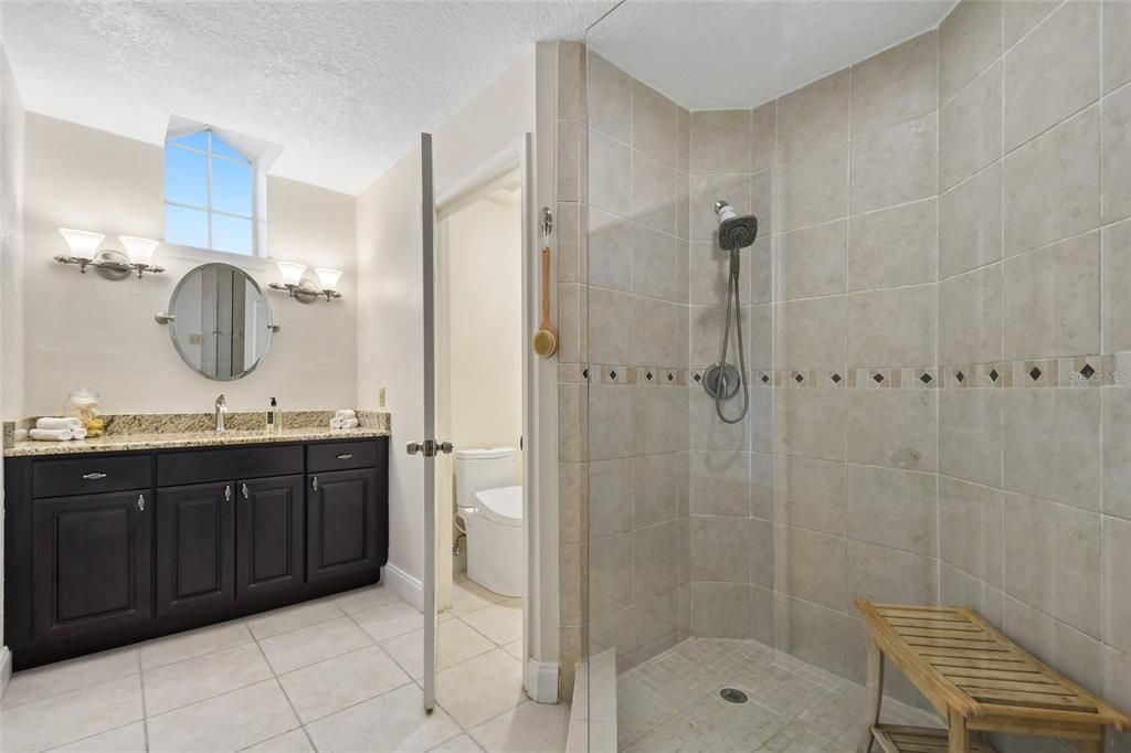 Granite counters, frameless glass shower enclosure, oversized low step entry shower with room for your own seat.