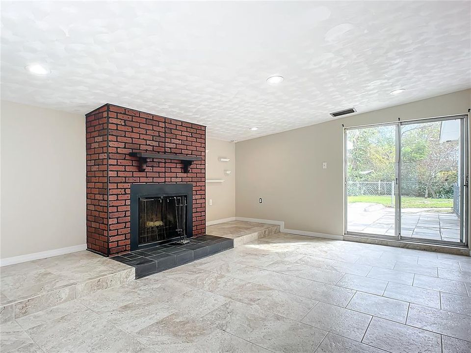 Living room with wood fireplace