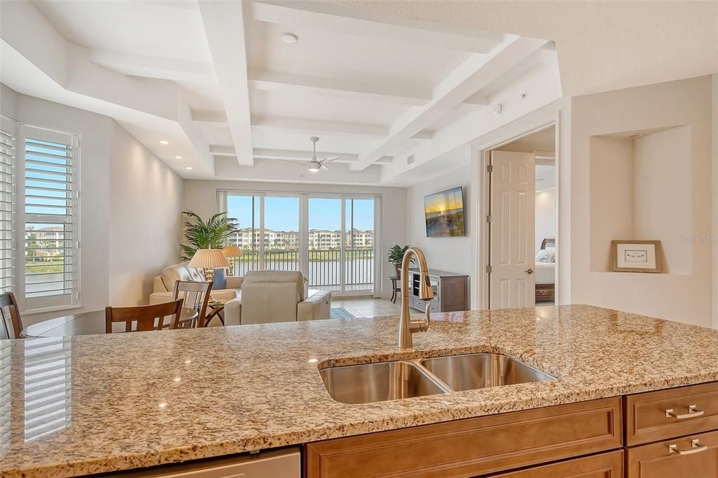 Full lake views from kitchen and living room.