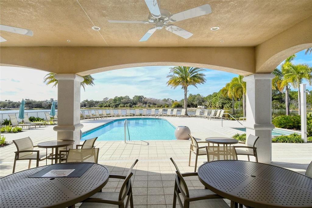 Community pool and jacuzzi with lake views.