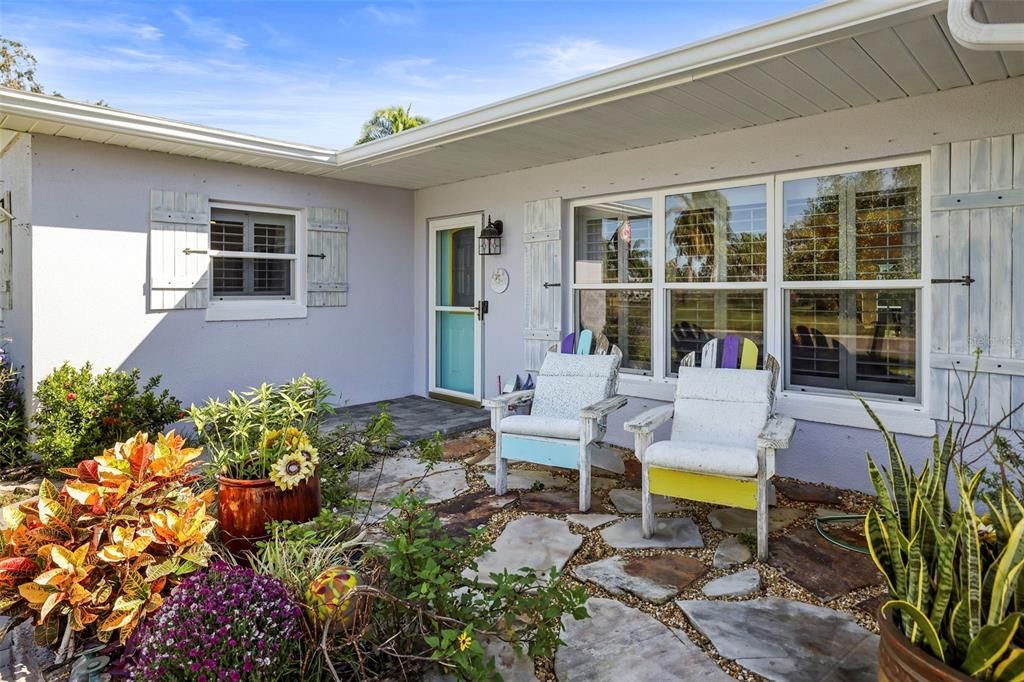 Front Entry and patio with bubbling fountain