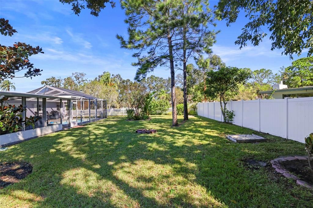 Backyard completely fenced with mature plantings