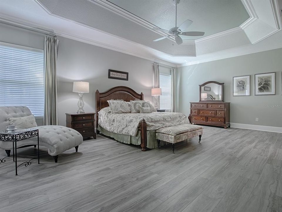 SPACIOUS PRIMARY BEDROOM WITH LUXURY VINYL PLANK FLOORING AND CUSTOM TRAY CEILING.