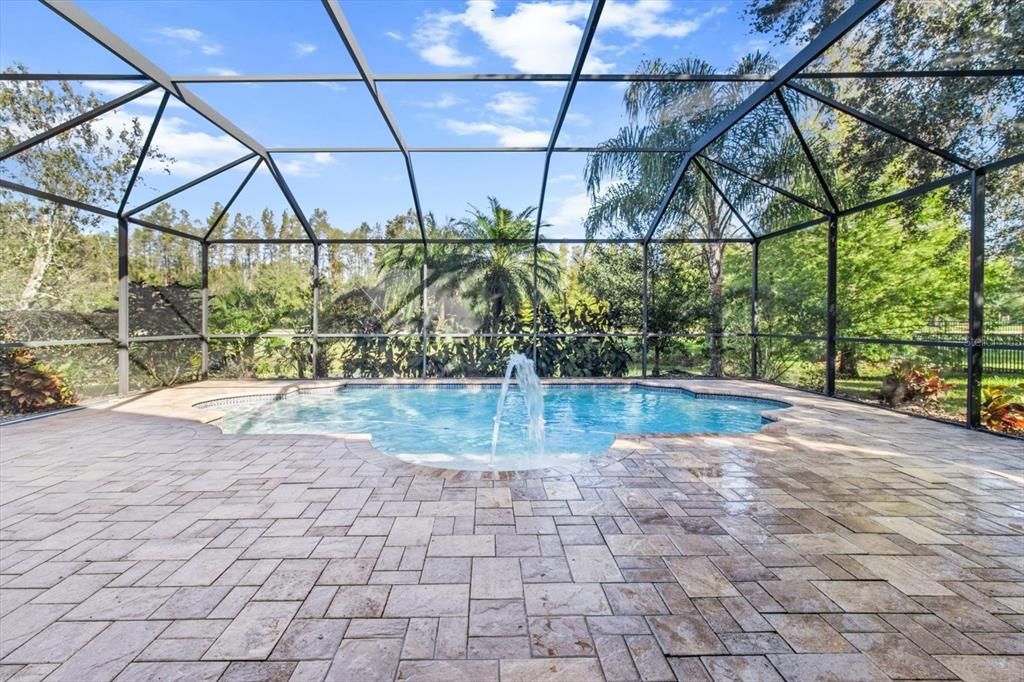 Brick Patio and Custom 6' Heated Pool with In Pool Seating and Fountain Water Feature