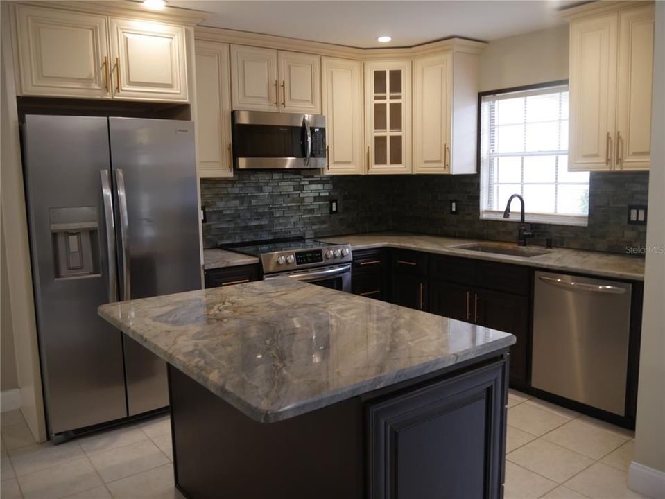 Brand new kitchen with wood cabinets, crown molding, exotic granite, glass tile backsplash and new smudge-proof stainless appliances!  The slide-in stove has a convection oven.  The island offers a ton of storage, eating space, and a pull-out trash compartment!