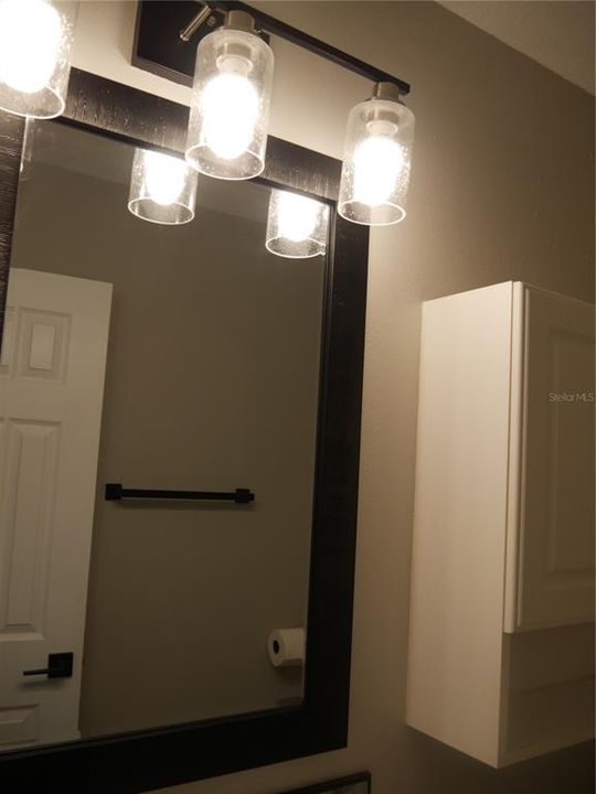 Primary half-bath: new lighting, mirror, and towel bar.