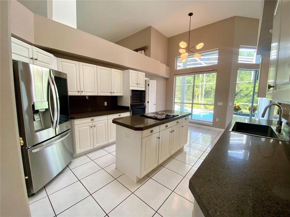 Kitchen is open to the pool area and the family room