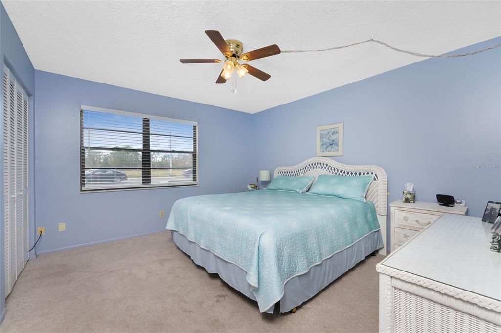 Spacious bedroom with carpeted flooring.