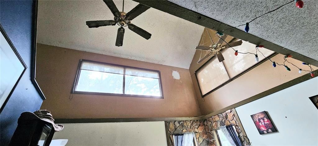 View to vaulted ceiling from living room