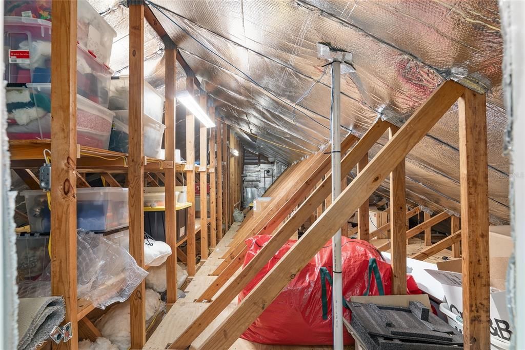 Walk-in attic storage over garage and family room