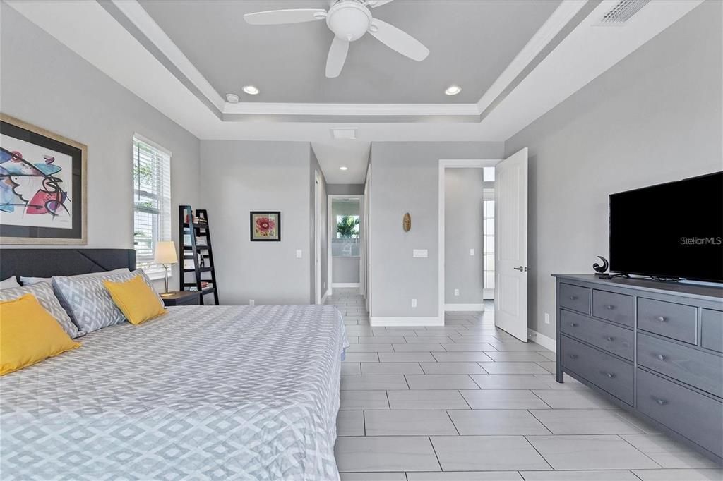 Serene primary bedroom offering tray ceilings