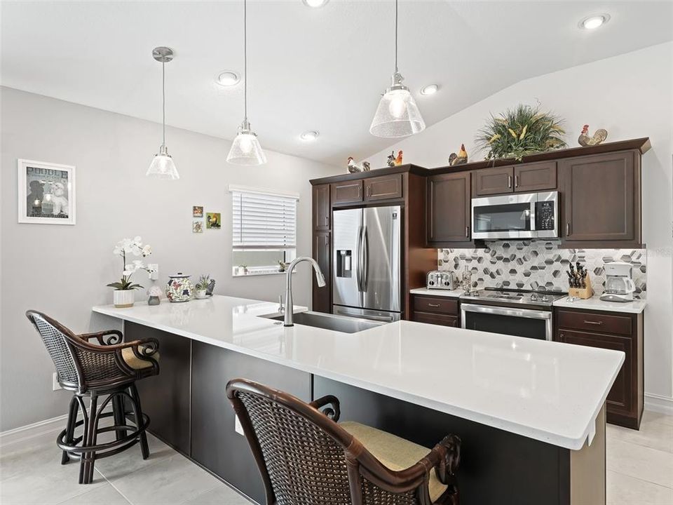 Bright and airy Kitchen open to the Dining and Living area.  Featuring Vaulted Ceilings, Wood Cabinetry, Quartz Countertops, Stainless Steel Appliances and Custom Tiled Backsplash