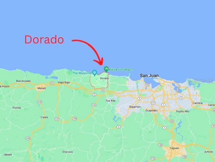 A map showing Dorado’s location in relation to San Juan, Puerto Rico.