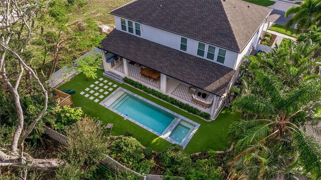 Aerial view of the back yard.