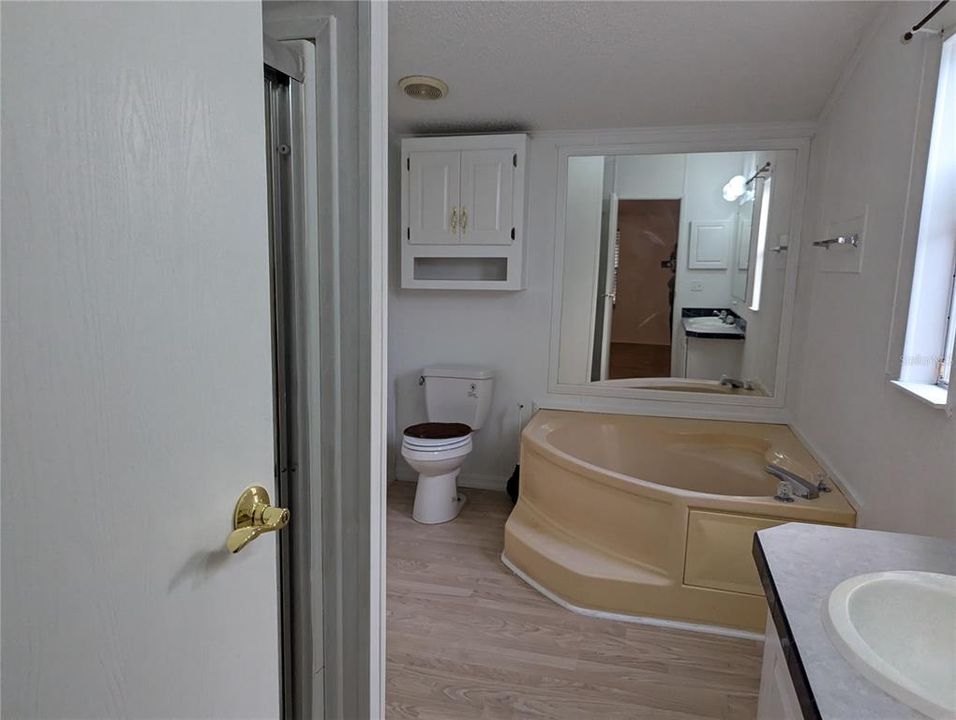 primary bathroom with tub and separate shower