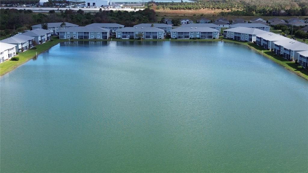 Aerial view of the large, lovely lake