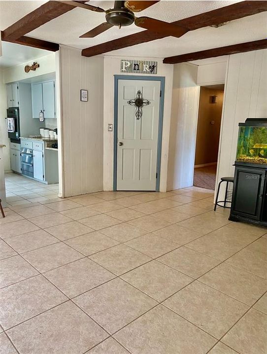 exposed beams in family room