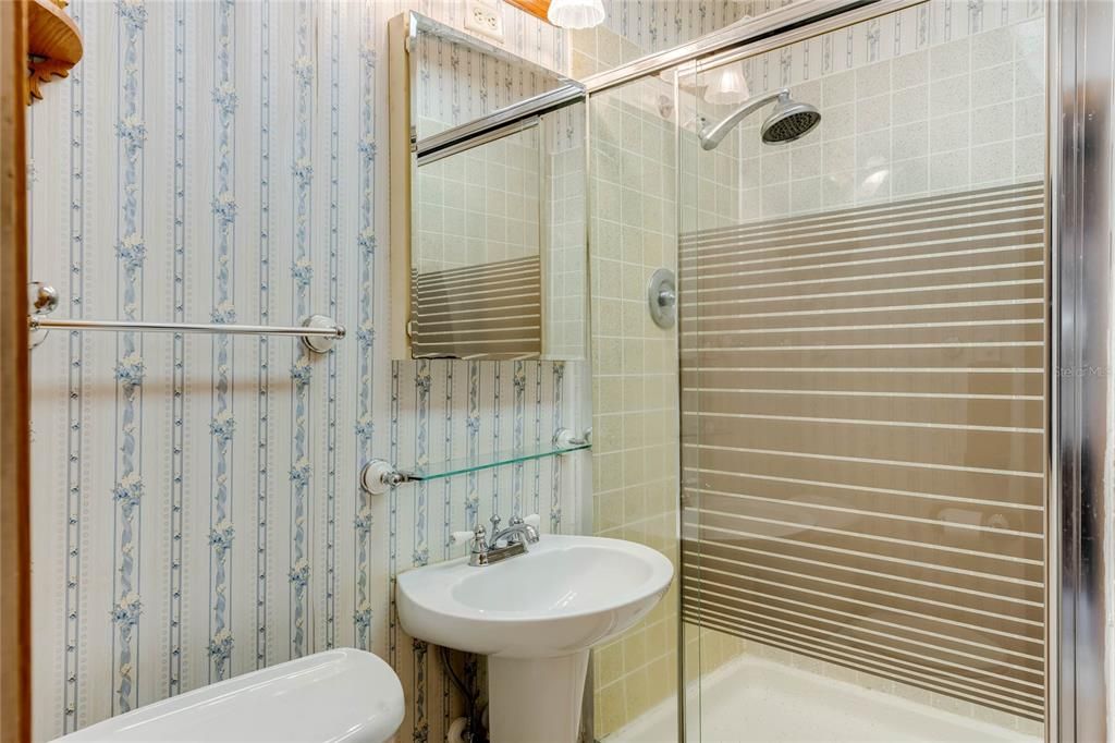 Guest Bath with Pedestal Sink and Step in Shower